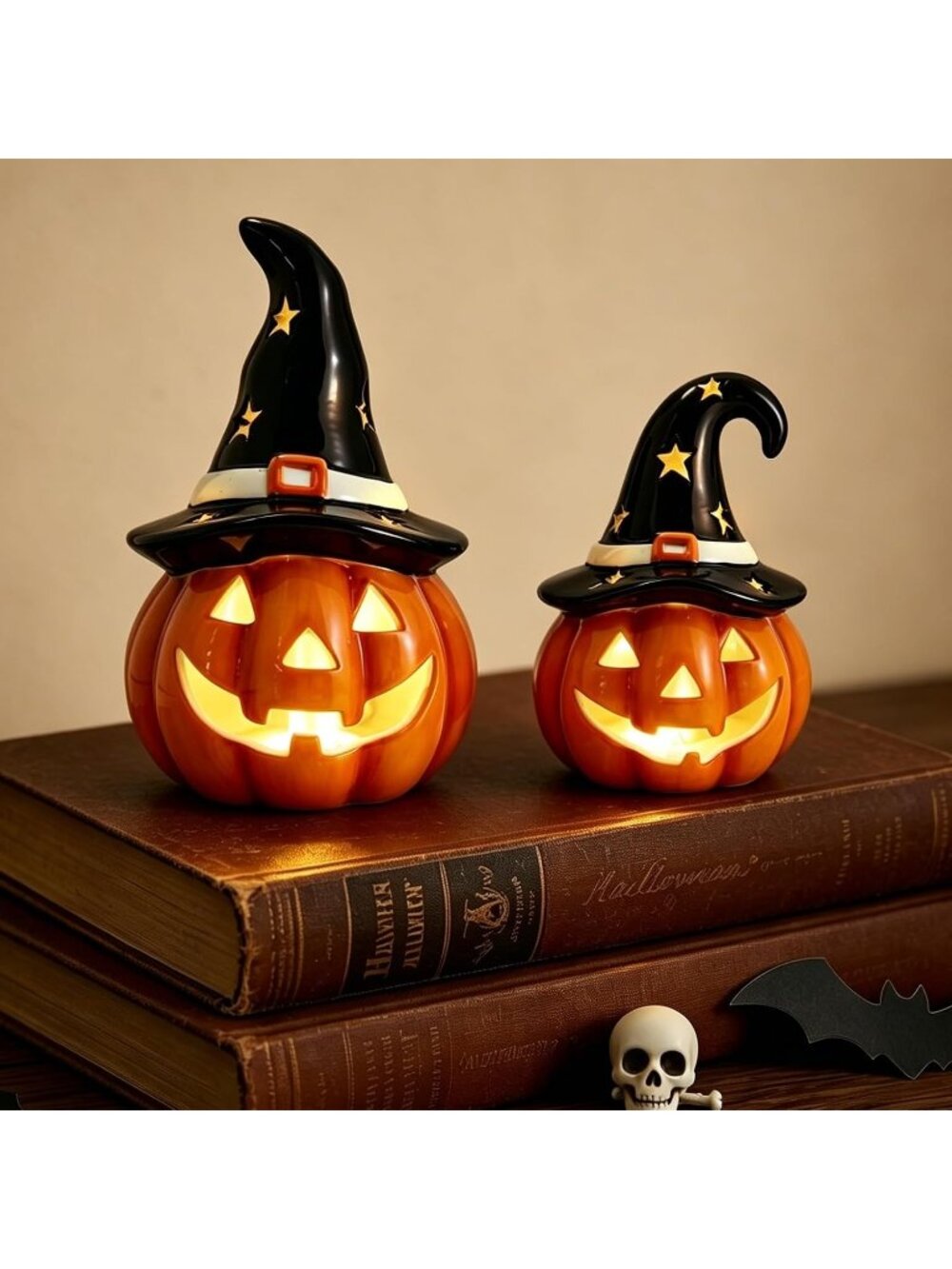 New Halloween Pumpkin Lights Ceramic Jack O Lantern LED Table Decor 2PCS